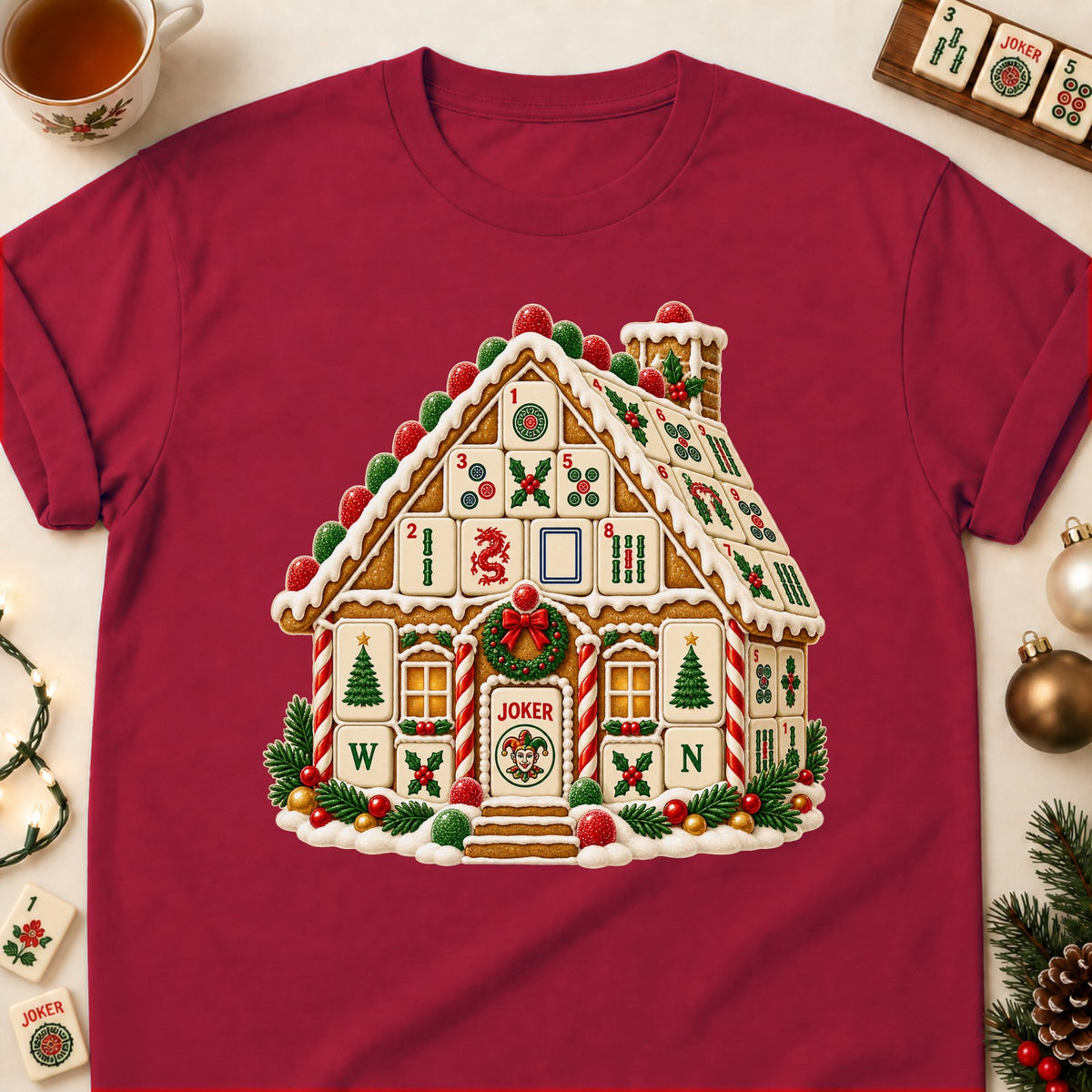 Mahjong gingerbread house T-shirt in Cardinal Red, laid flat. [bb c=cardinal-red r=flat]