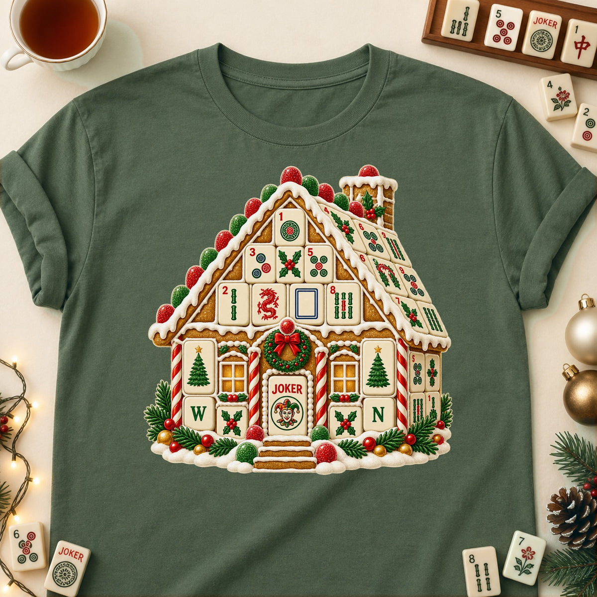 Mahjong gingerbread house T-shirt in Military Green, laid flat. [bb c=military-green r=flat]