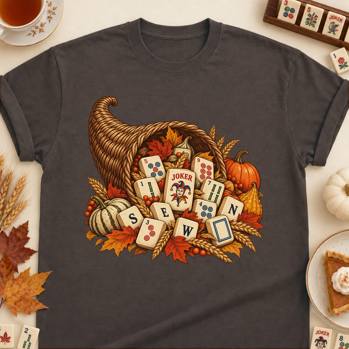 Mahjong horn of plenty T-shirt in Dark Chocolate, laid flat. [bb c=dark-chocolate r=flat]