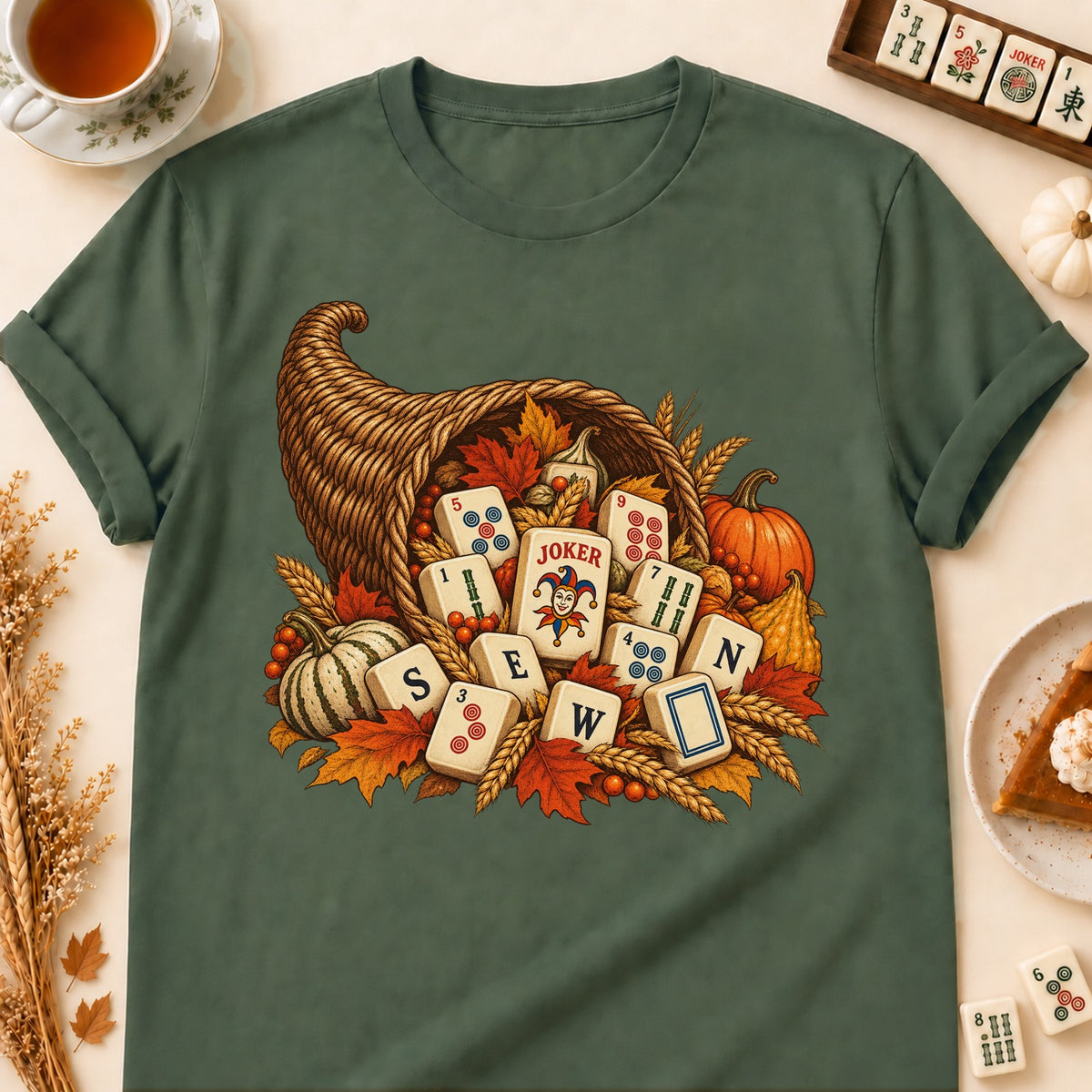 Mahjong horn of plenty T-shirt in Military Green, laid flat. [bb c=military-green r=flat]