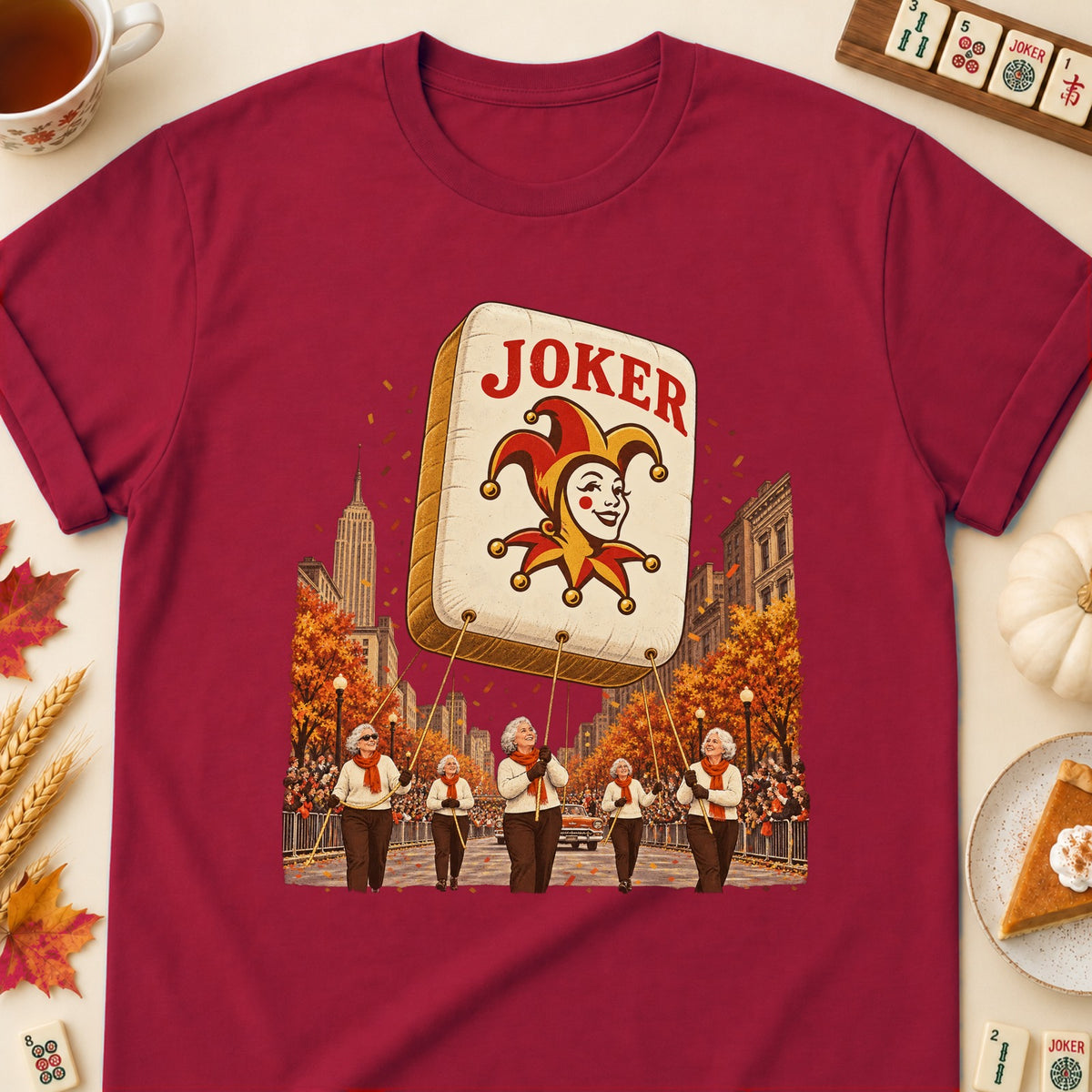 Mahjong parade balloon T-shirt in Cardinal Red, laid flat. [bb c=cardinal-red r=flat]