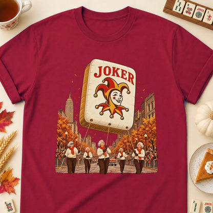 Mahjong parade balloon T-shirt in Cardinal Red, laid flat. [bb c=cardinal-red r=flat]