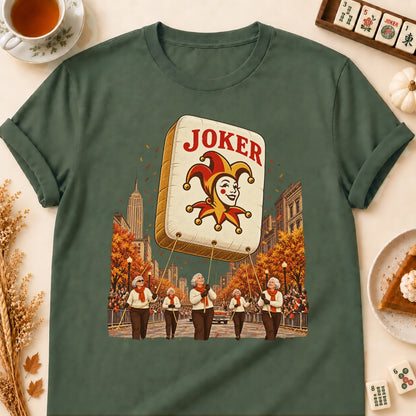 Mahjong parade balloon T-shirt in Military Green, laid flat. [bb c=military-green r=flat]