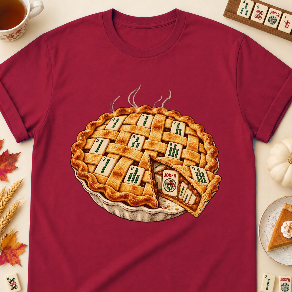 Mahjong lattice pie T-shirt in Cardinal Red, laid flat. [bb c=cardinal-red r=flat]
