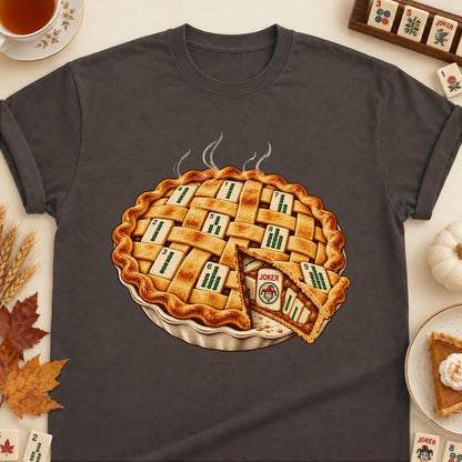 Mahjong lattice pie T-shirt in Dark Chocolate, laid flat. [bb c=dark-chocolate r=flat]