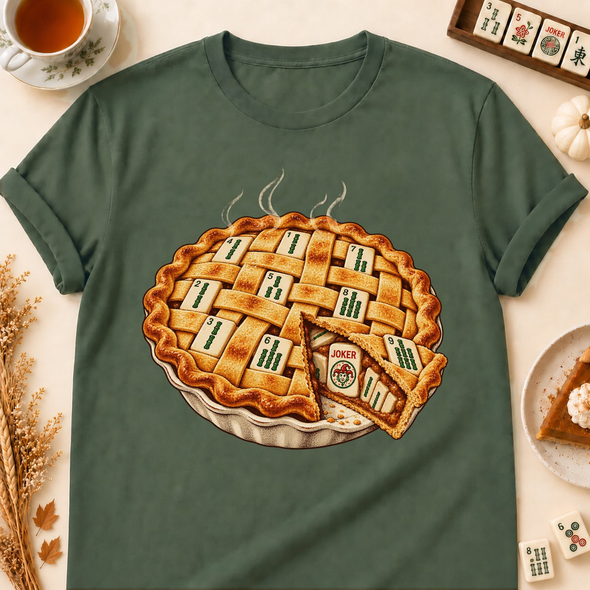 Mahjong lattice pie T-shirt in Military Green, laid flat. [bb c=military-green r=flat]