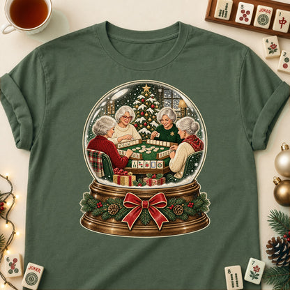Mahjong snow globe T-shirt in Military Green, laid flat. [bb c=military-green r=flat]