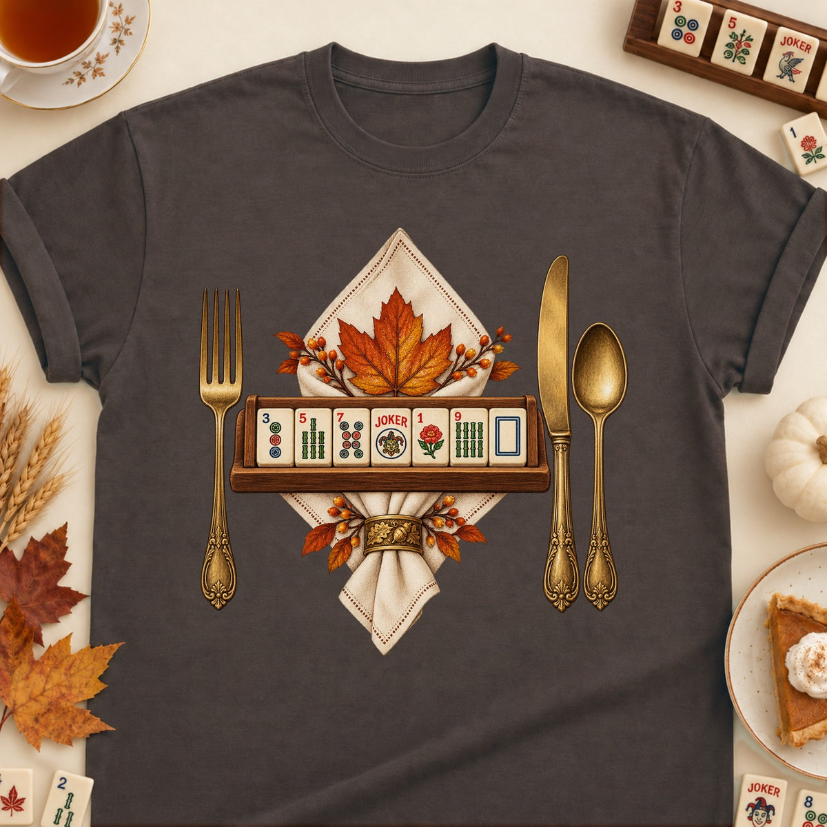 Mahjong place setting T-shirt in Dark Chocolate, laid flat. [bb c=dark-chocolate r=flat]