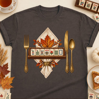 Mahjong place setting T-shirt in Dark Chocolate, laid flat. [bb c=dark-chocolate r=flat]