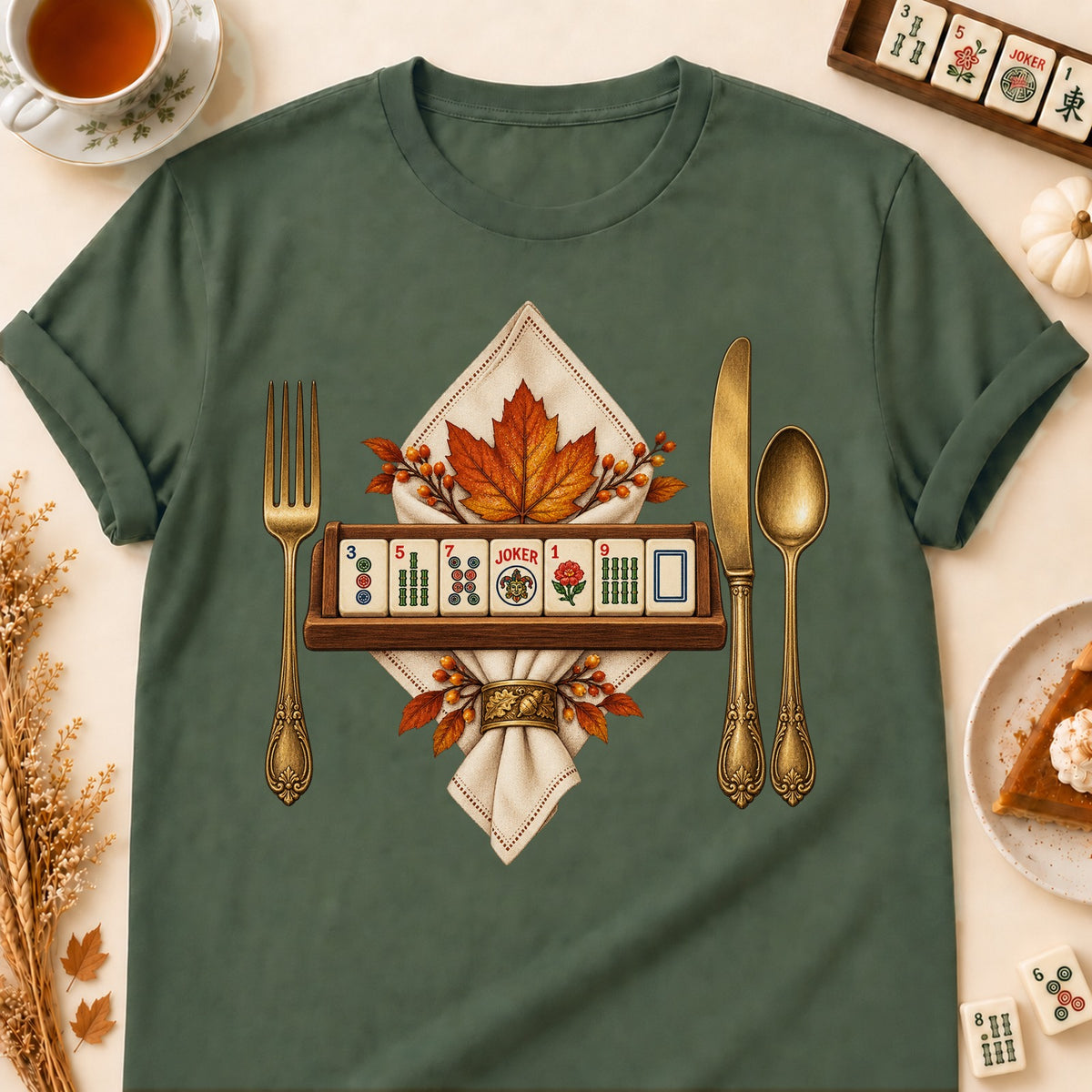 Mahjong place setting T-shirt in Military Green, laid flat. [bb c=military-green r=flat]