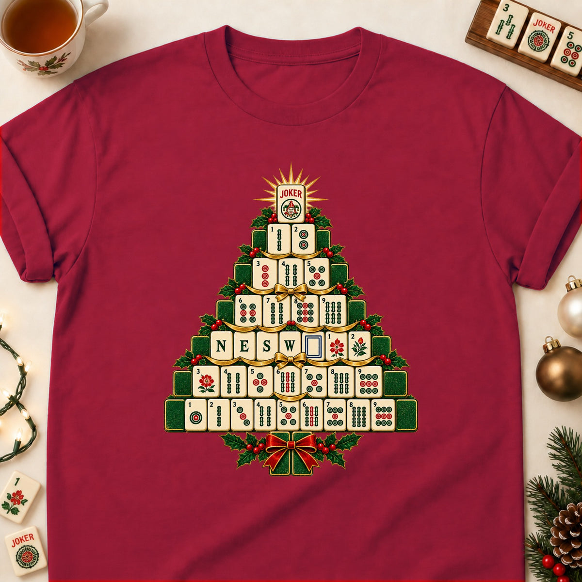 Mahjong tile Christmas tree T-shirt in Cardinal Red, laid flat. [bb c=cardinal-red r=flat]