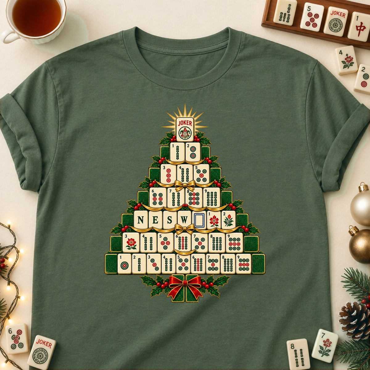 Mahjong tile Christmas tree T-shirt in Military Green, laid flat. [bb c=military-green r=flat]