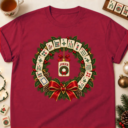 Mahjong tile wreath T-shirt in Cardinal Red, laid flat. [bb c=cardinal-red r=flat]
