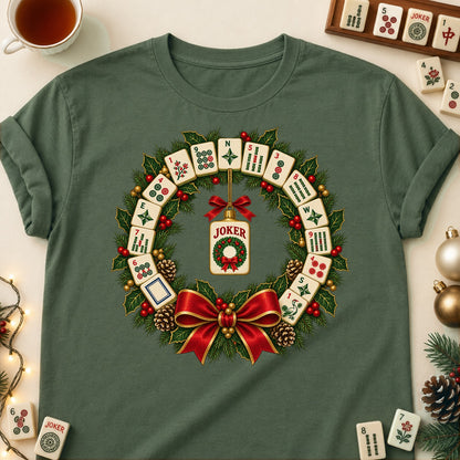 Mahjong tile wreath T-shirt in Military Green, laid flat. [bb c=military-green r=flat]