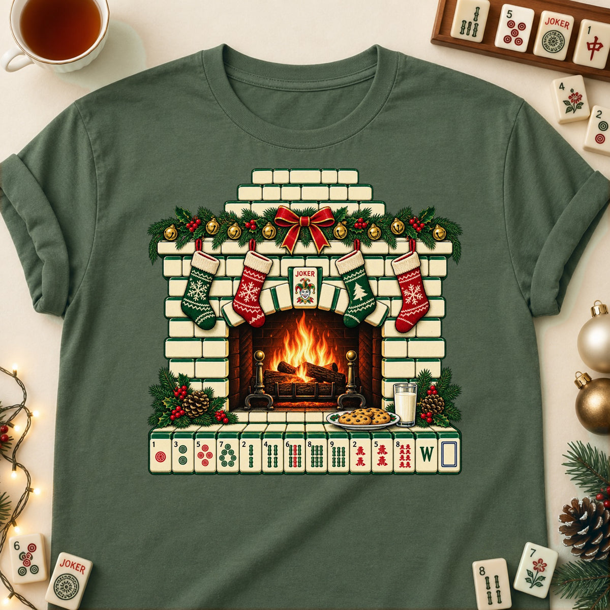 Tile Fireplace mahjong T-shirt in Military Green, laid flat. [bb c=military-green r=flat]