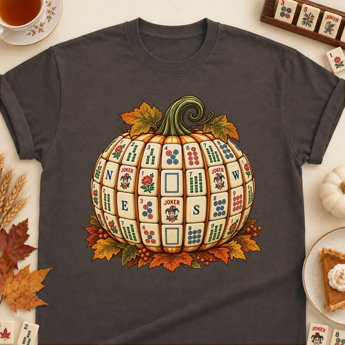 Mahjong tile pumpkin T-shirt in Dark Chocolate, laid flat. [bb c=dark-chocolate r=flat]