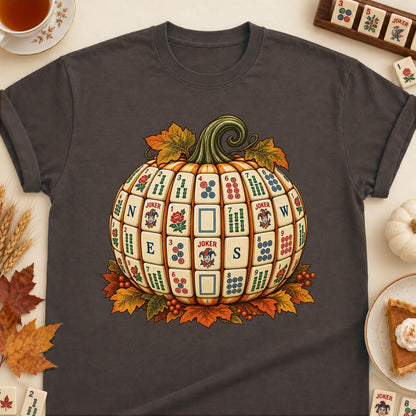 Mahjong tile pumpkin T-shirt in Dark Chocolate, laid flat. [bb c=dark-chocolate r=flat]