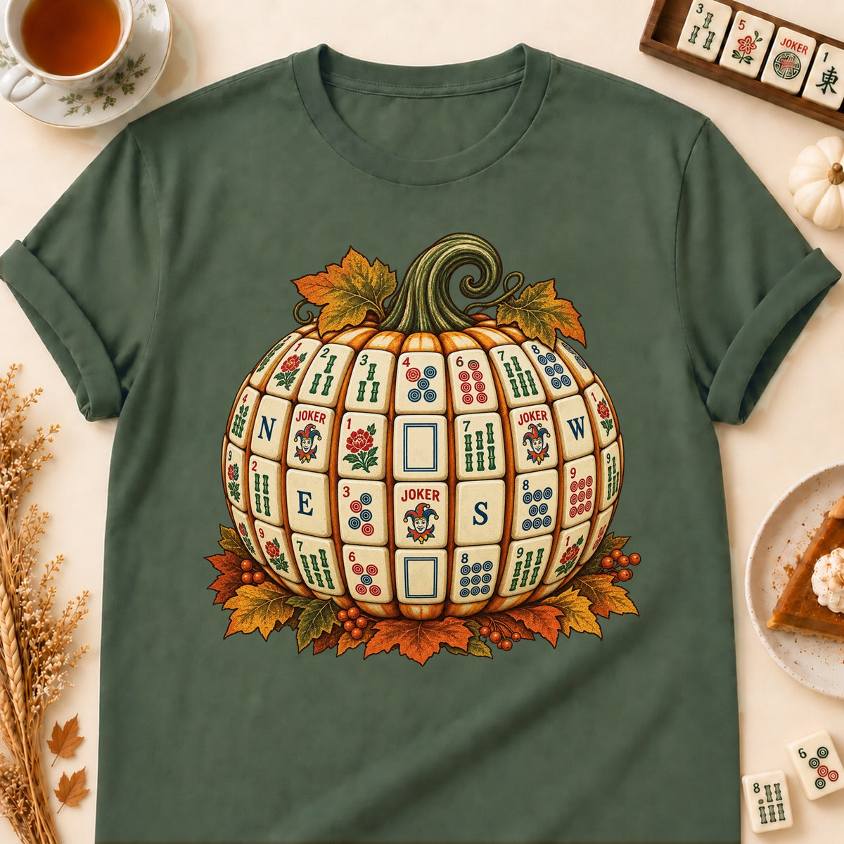 Mahjong tile pumpkin T-shirt in Military Green, laid flat. [bb c=military-green r=flat]