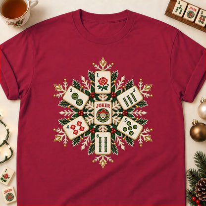 Mahjong snowflake T-shirt in Cardinal Red, laid flat. [bb c=cardinal-red r=flat]