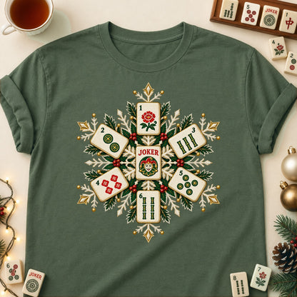 Mahjong snowflake T-shirt in Military Green, laid flat. [bb c=military-green r=flat]