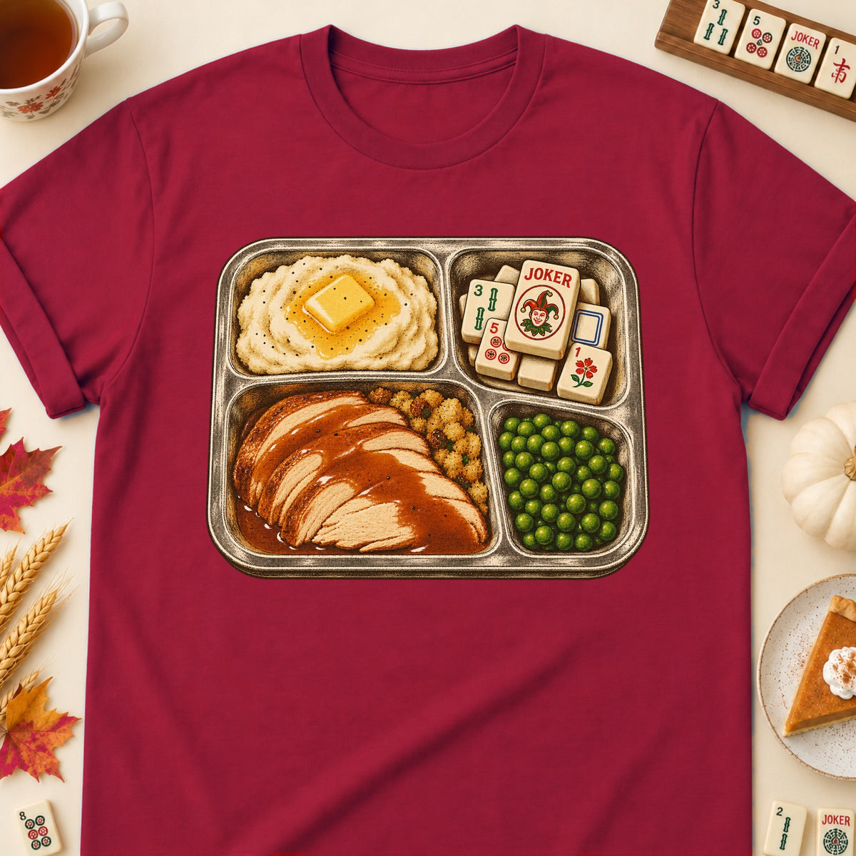 TV Dinner mahjong T-shirt in Cardinal Red, laid flat. [bb c=cardinal-red r=flat]