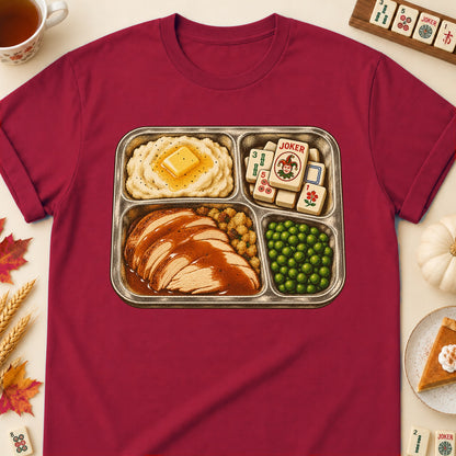TV Dinner mahjong T-shirt in Cardinal Red, laid flat. [bb c=cardinal-red r=flat]