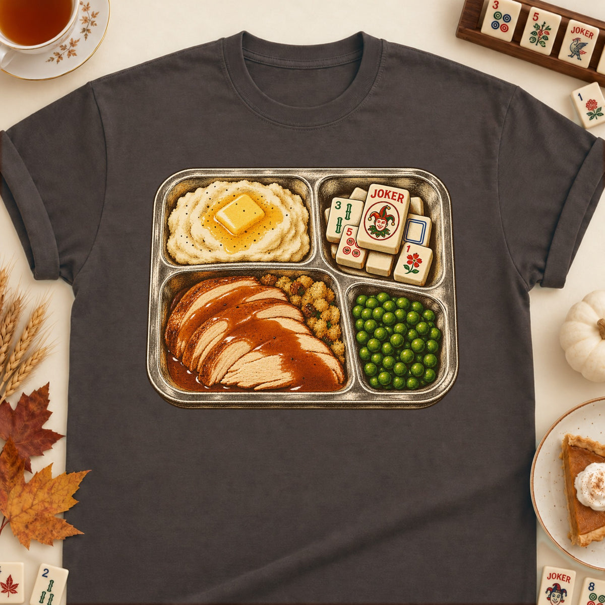 TV Dinner mahjong T-shirt in Dark Chocolate, laid flat. [bb c=dark-chocolate r=flat]