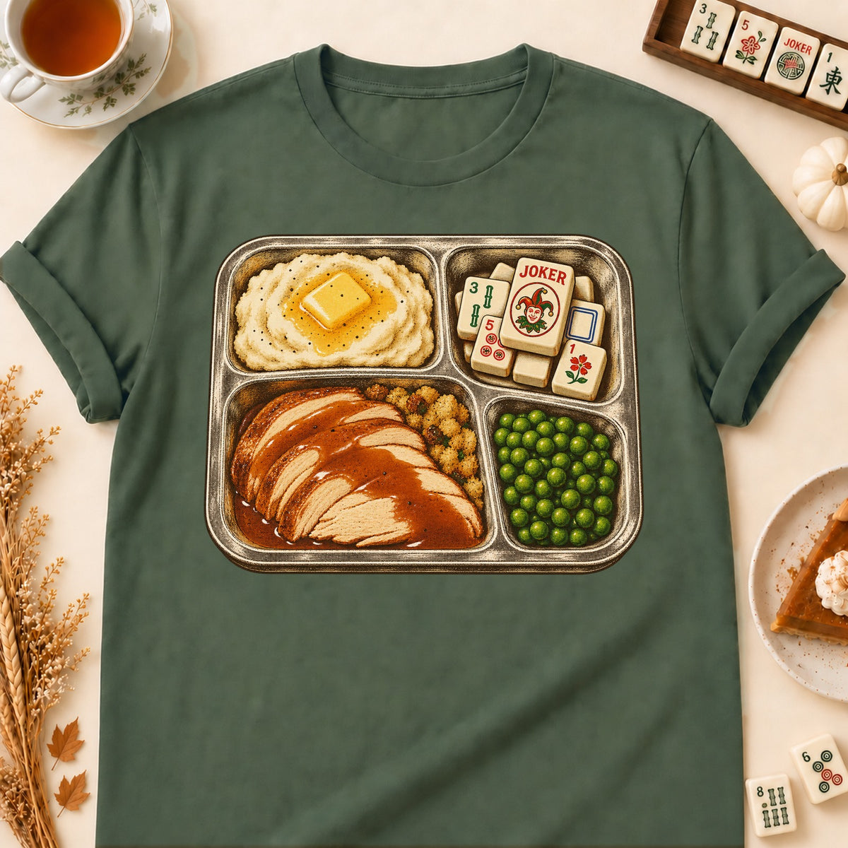TV Dinner mahjong T-shirt in Military Green, laid flat. [bb c=military-green r=flat]