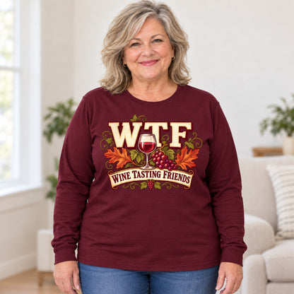 WTF Wine Tasting Friends long sleeve in Maroon, worn by Joyce. Joyce is 5′4″ and wears her usual size 2XL. [bb c=maroon r=body2]