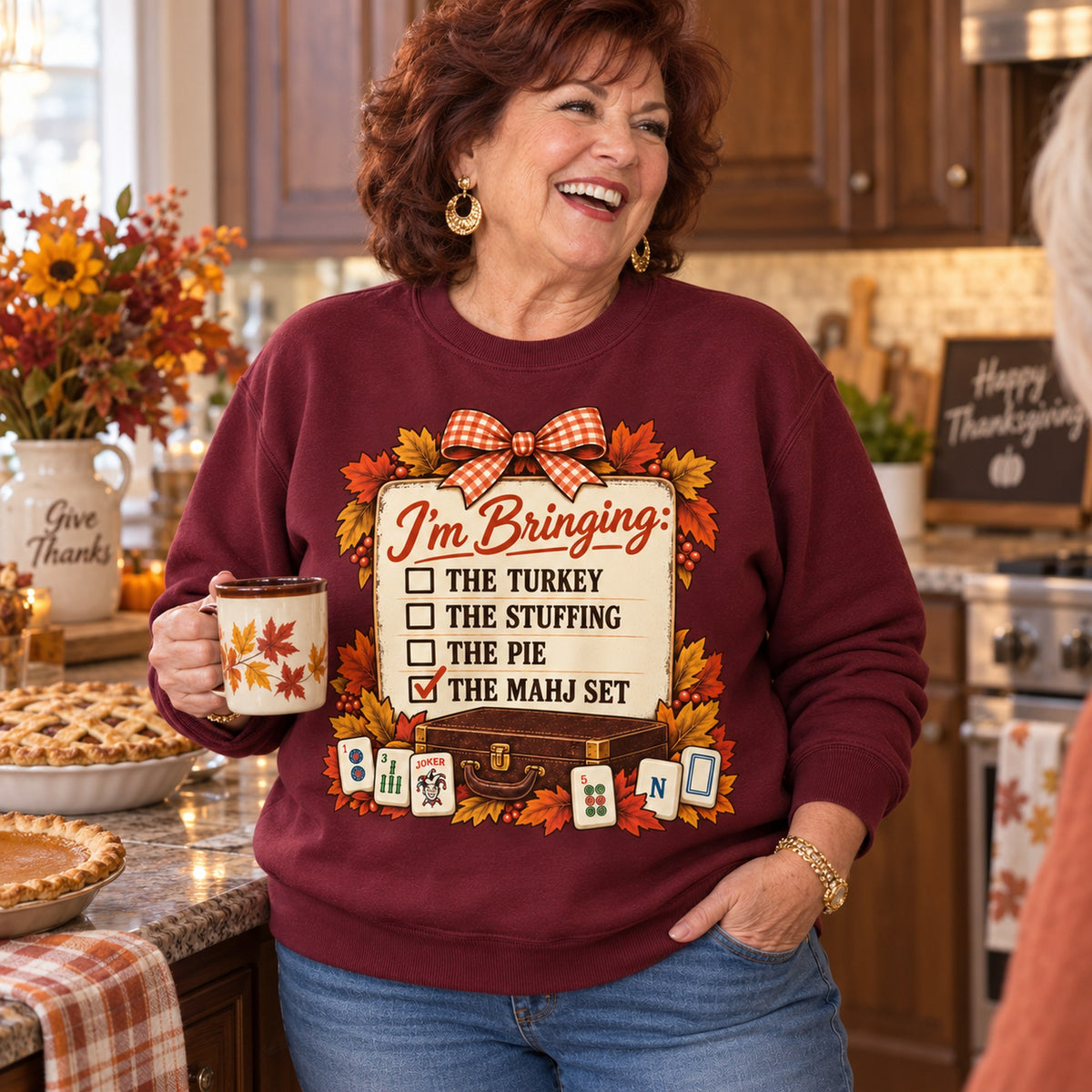 I'm Bringing The Mahj Set sweatshirt in Maroon, worn by Rita. Rita is 5′3″ and wears her usual size 2XL. [bb c=maroon r=body2]