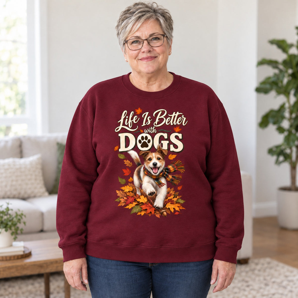 Life Is Better With Dogs sweatshirt in Maroon, worn by Bev. Bev is 5′4″ and wears her usual size 2XL. [bb c=maroon r=body2]