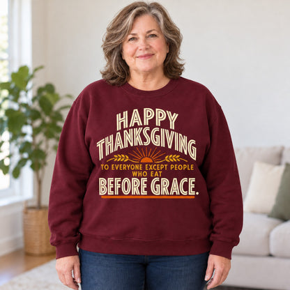 Happy Thanksgiving Before Grace sweatshirt in Maroon, worn by Gail. Gail is 5′4″ and wears her usual size 2XL. [bb c=maroon r=body2]