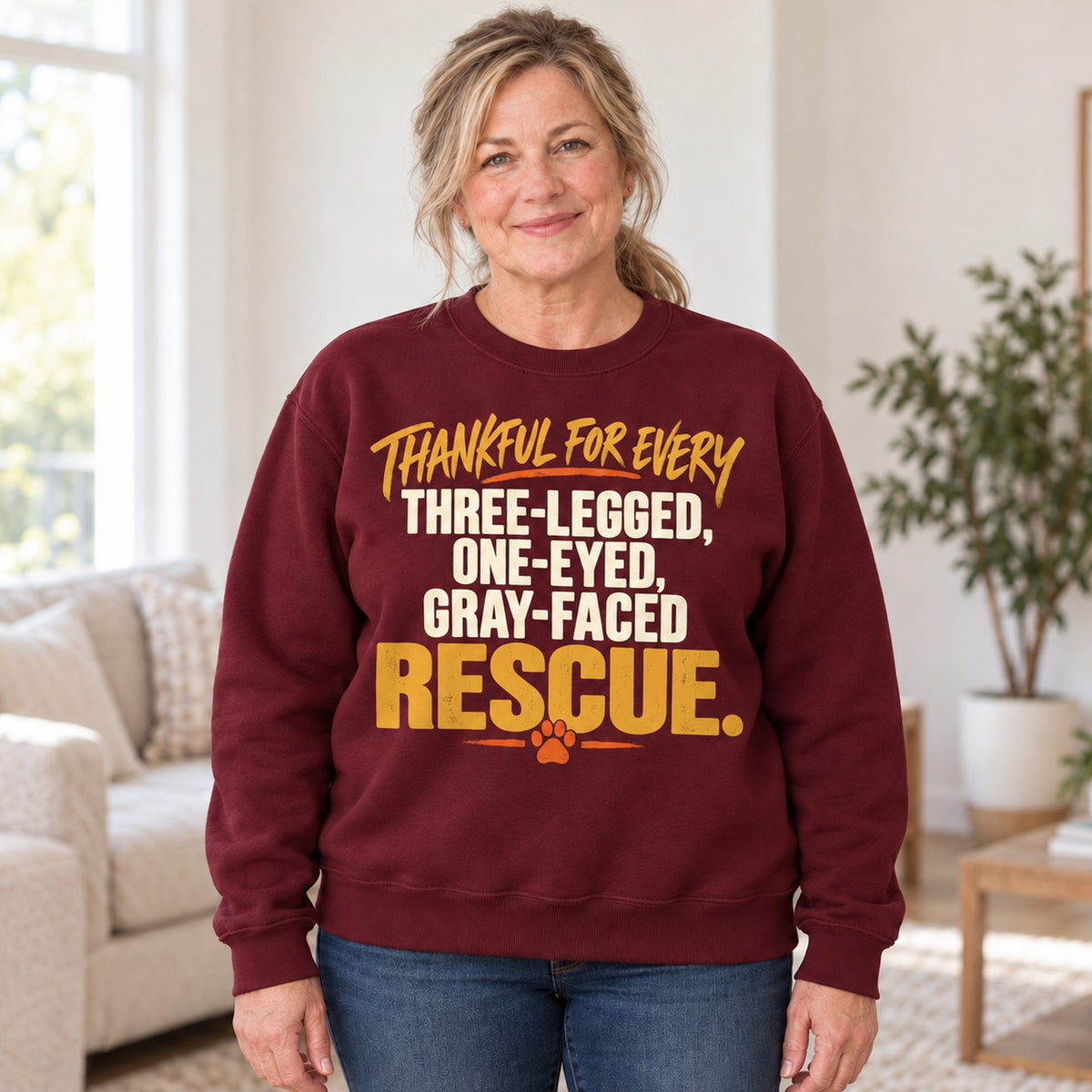 Thankful For Every Rescue sweatshirt in Maroon, worn by Pam. Pam is 5′3″ and wears her usual size 2XL. [bb c=maroon r=body2]