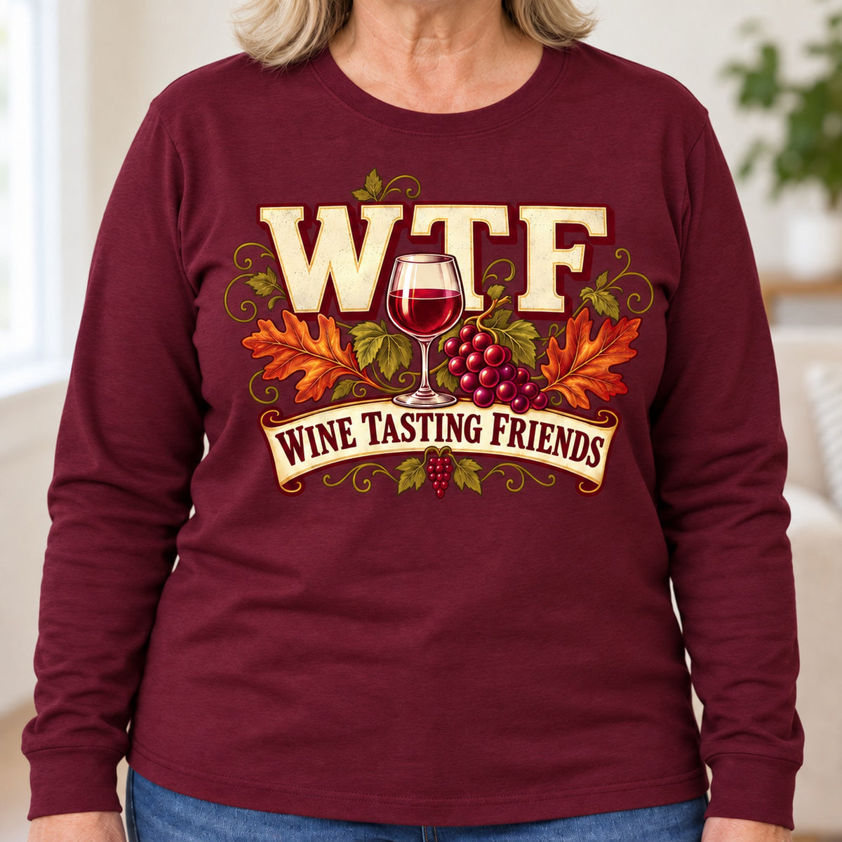 WTF Wine Tasting Friends long sleeve in Maroon, close-up of the print, worn by Patty. Patty is 5′5″ and wears her usual size XL. [bb c=maroon r=close]