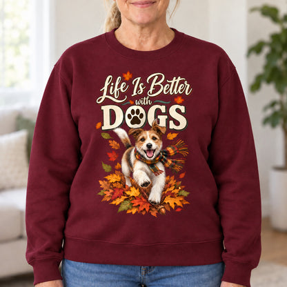 Life Is Better With Dogs sweatshirt in Maroon, close-up of the print, worn by Lori. Lori is 5′6″ and wears her usual size L. [bb c=maroon r=close]