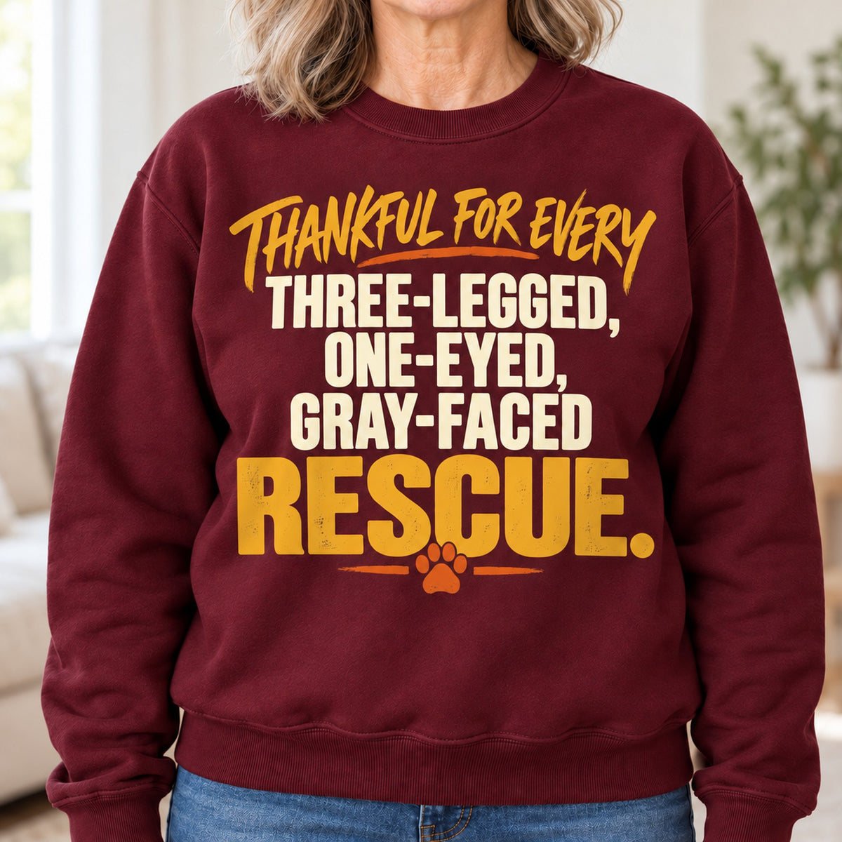 Thankful For Every Rescue sweatshirt in Maroon, close-up of the print, worn by Judy. Judy is 5′5″ and wears her usual size M. [bb c=maroon r=close]