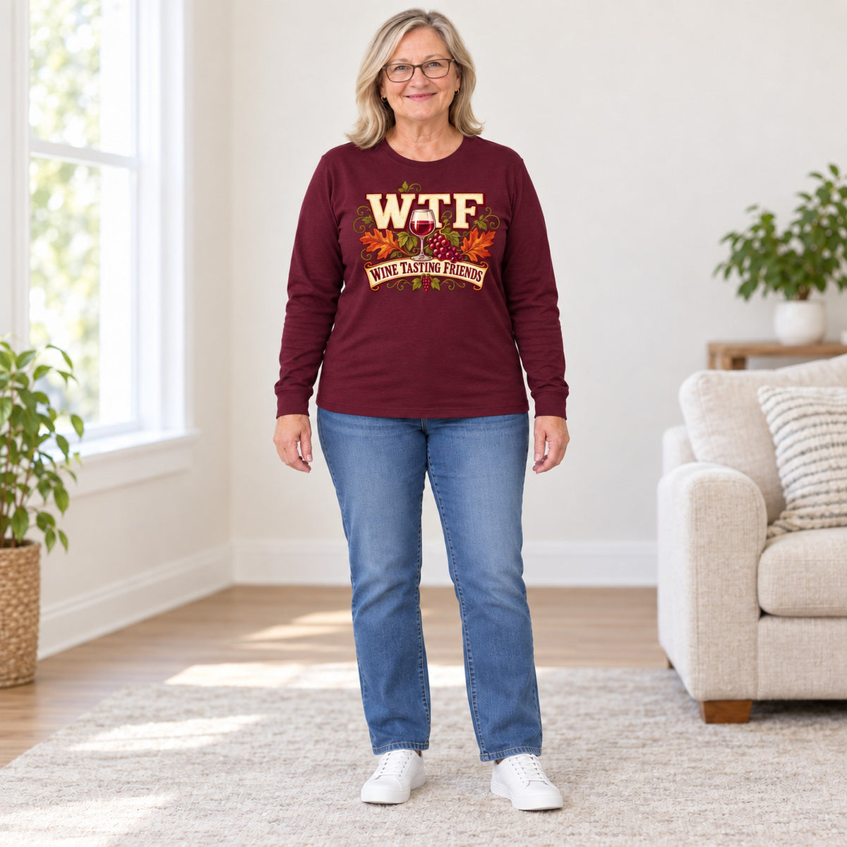 WTF Wine Tasting Friends long sleeve in Maroon, full length, worn by Patty. Patty is 5′5″ and wears her usual size XL. [bb c=maroon r=fit]