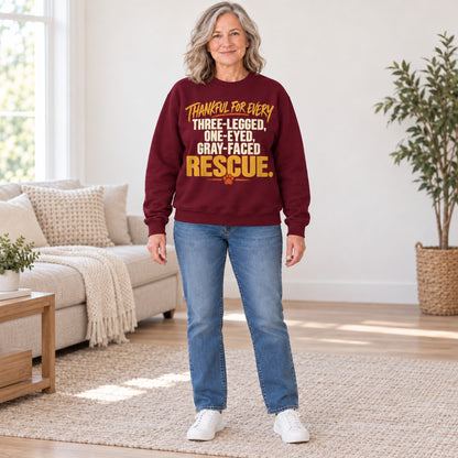 Thankful For Every Rescue sweatshirt in Maroon, full length, worn by Judy. Judy is 5′5″ and wears her usual size M. [bb c=maroon r=fit]