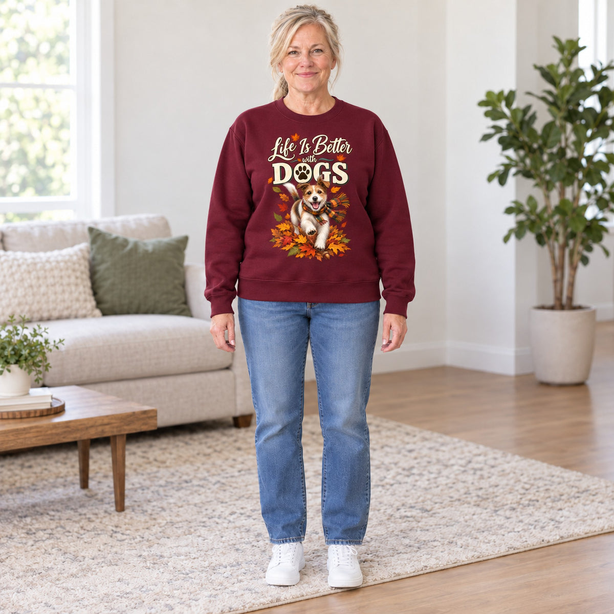 Life Is Better With Dogs sweatshirt in Maroon, full length, worn by Lori. Lori is 5′6″ and wears her usual size L. [bb c=maroon r=fit]