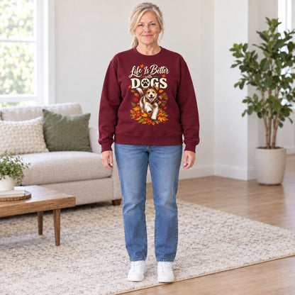 Life Is Better With Dogs sweatshirt in Maroon, full length, worn by Lori. Lori is 5′6″ and wears her usual size L. [bb c=maroon r=fit]