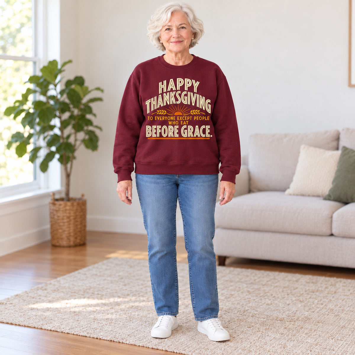 Happy Thanksgiving Before Grace sweatshirt in Maroon, full length, worn by Helen. Helen is 5′5″ and wears her usual size M. [bb c=maroon r=fit]