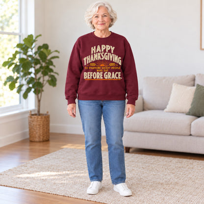 Happy Thanksgiving Before Grace sweatshirt in Maroon, full length, worn by Helen. Helen is 5′5″ and wears her usual size M. [bb c=maroon r=fit]