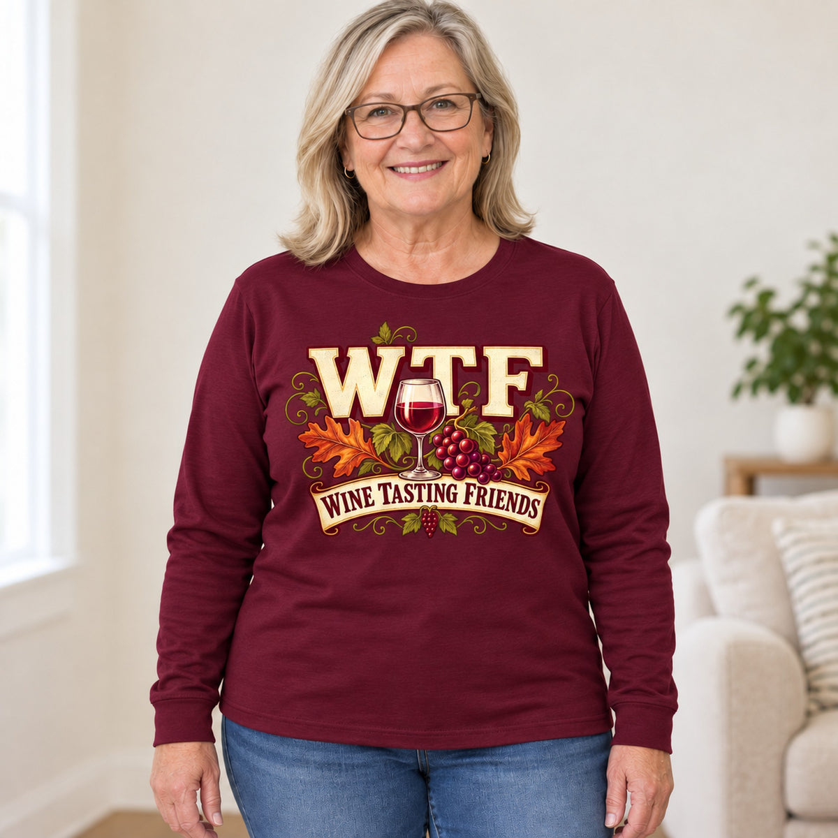 WTF Wine Tasting Friends long sleeve in Maroon, worn by Patty. Patty is 5′5″ and wears her usual size XL. [bb c=maroon r=hero]