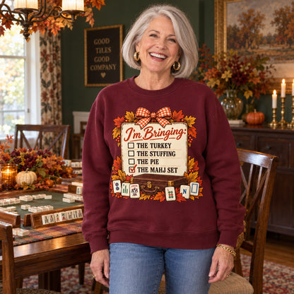 I'm Bringing The Mahj Set sweatshirt in Maroon, worn by Elaine. Elaine is 5′5″ and wears her usual size M. [bb c=maroon r=hero]