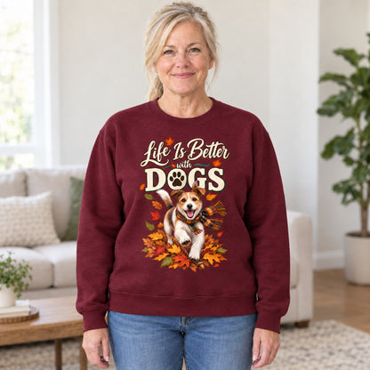 Life Is Better With Dogs sweatshirt in Maroon, worn by Lori. Lori is 5′6″ and wears her usual size L. [bb c=maroon r=hero]