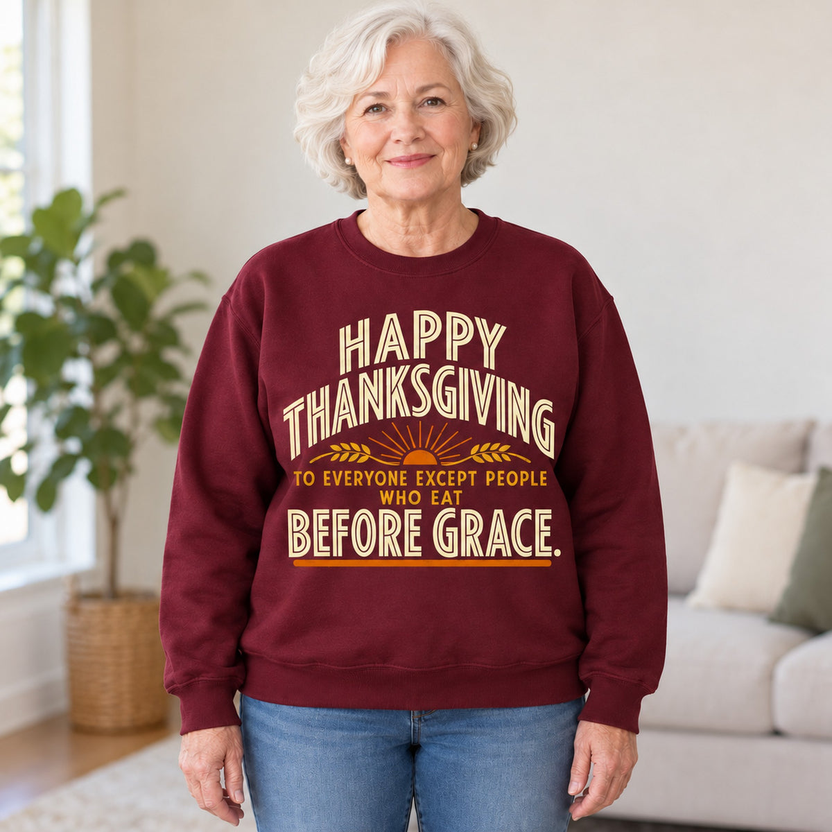 Happy Thanksgiving Before Grace sweatshirt in Maroon, worn by Helen. Helen is 5′5″ and wears her usual size M. [bb c=maroon r=hero]