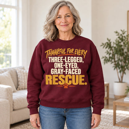 Thankful For Every Rescue sweatshirt in Maroon, worn by Judy. Judy is 5′5″ and wears her usual size M. [bb c=maroon r=hero]
