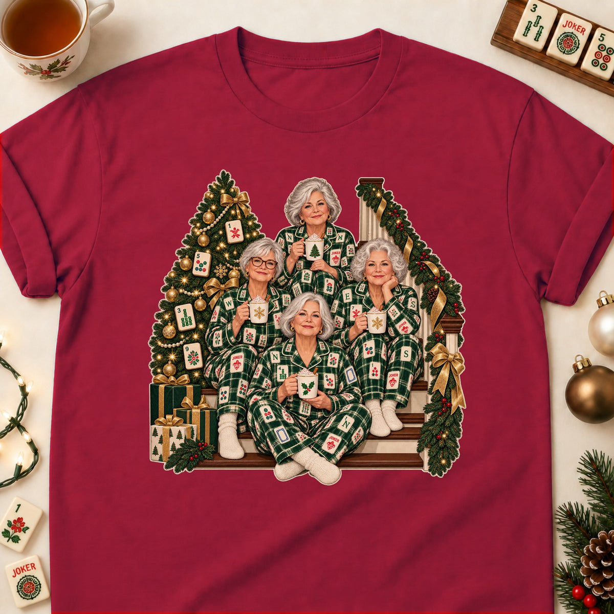 Matching pajamas mahjong T-shirt in Cardinal Red, laid flat. [bb c=cardinal-red r=flat]