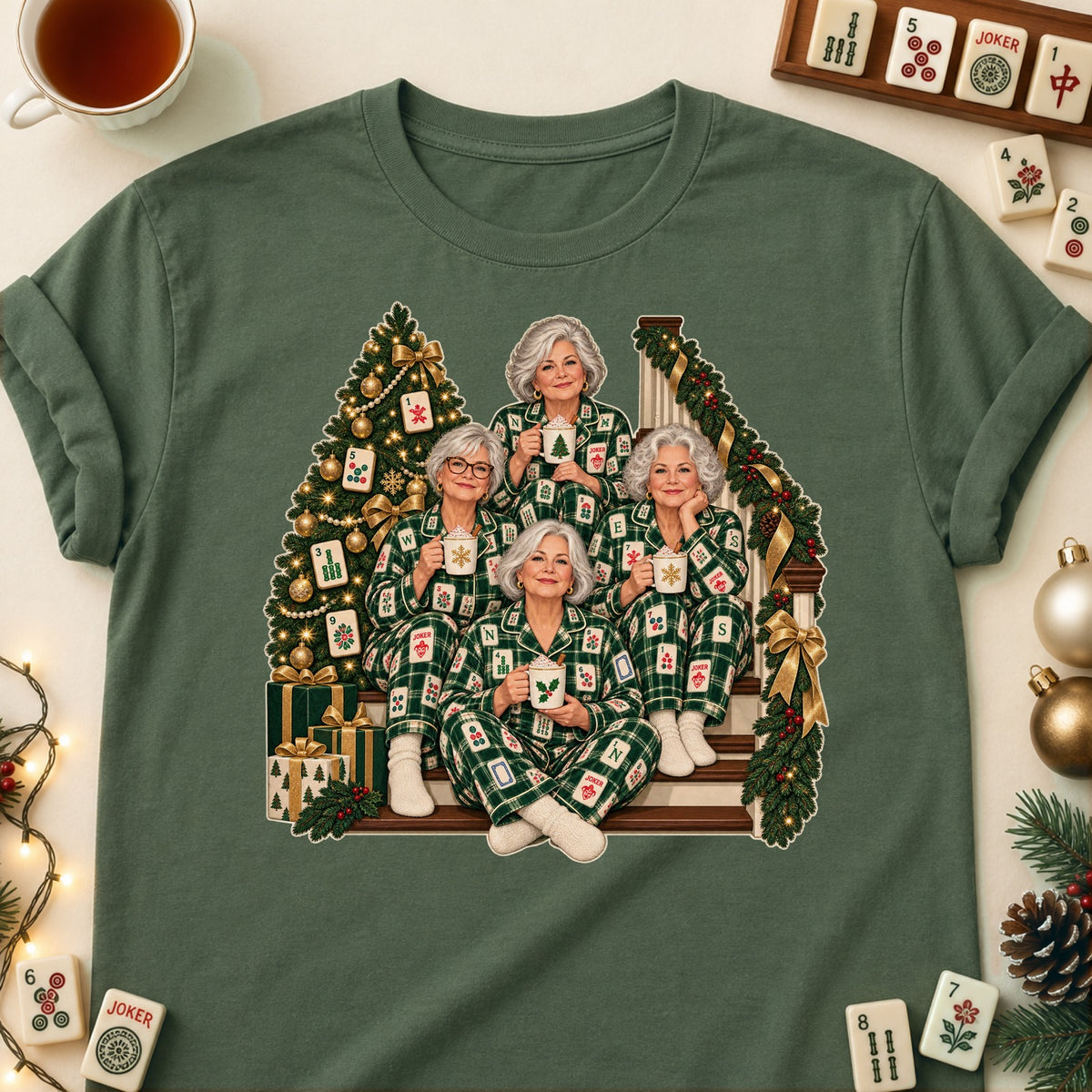 Matching pajamas mahjong T-shirt in Military Green, laid flat. [bb c=military-green r=flat]