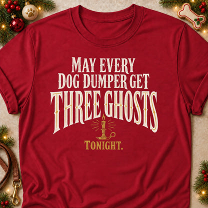 Three Ghosts Tonight dog mom T-shirt in Cardinal Red, laid flat. [bb c=cardinal-red r=flat]